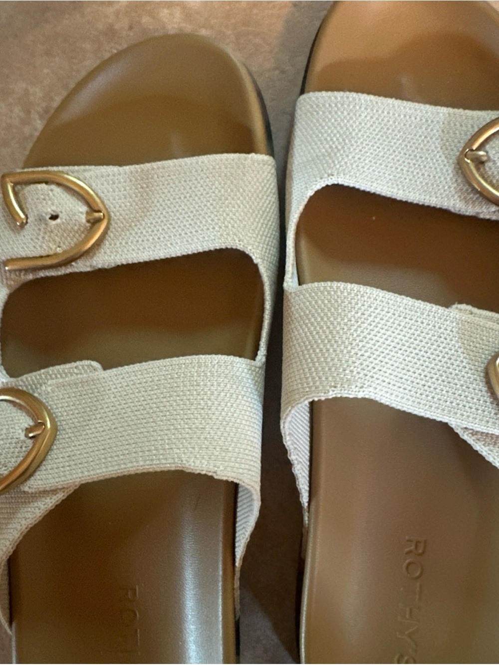 Rothy's Cream Double-Band Slide Sandals with Gold Buckles - Picture 2 of 8